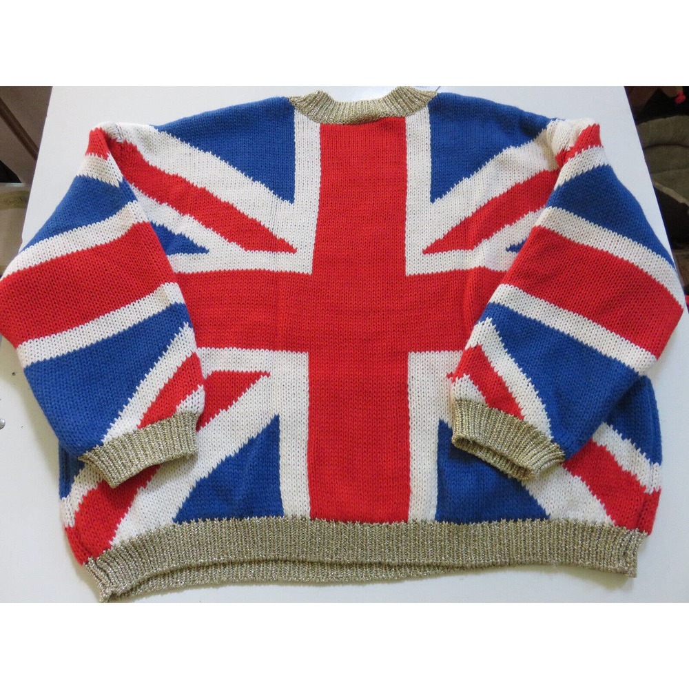 Topshop Union Jack Flag Sweater Gold Metallic Trim Red White Blue Size M NEW - Picture 10 of 15